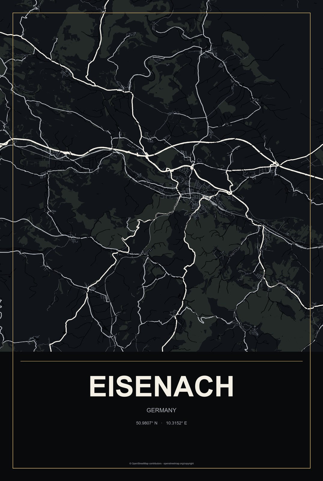Eisenach, Germany City Map Aluminum Sign in Metropolitan Noir style