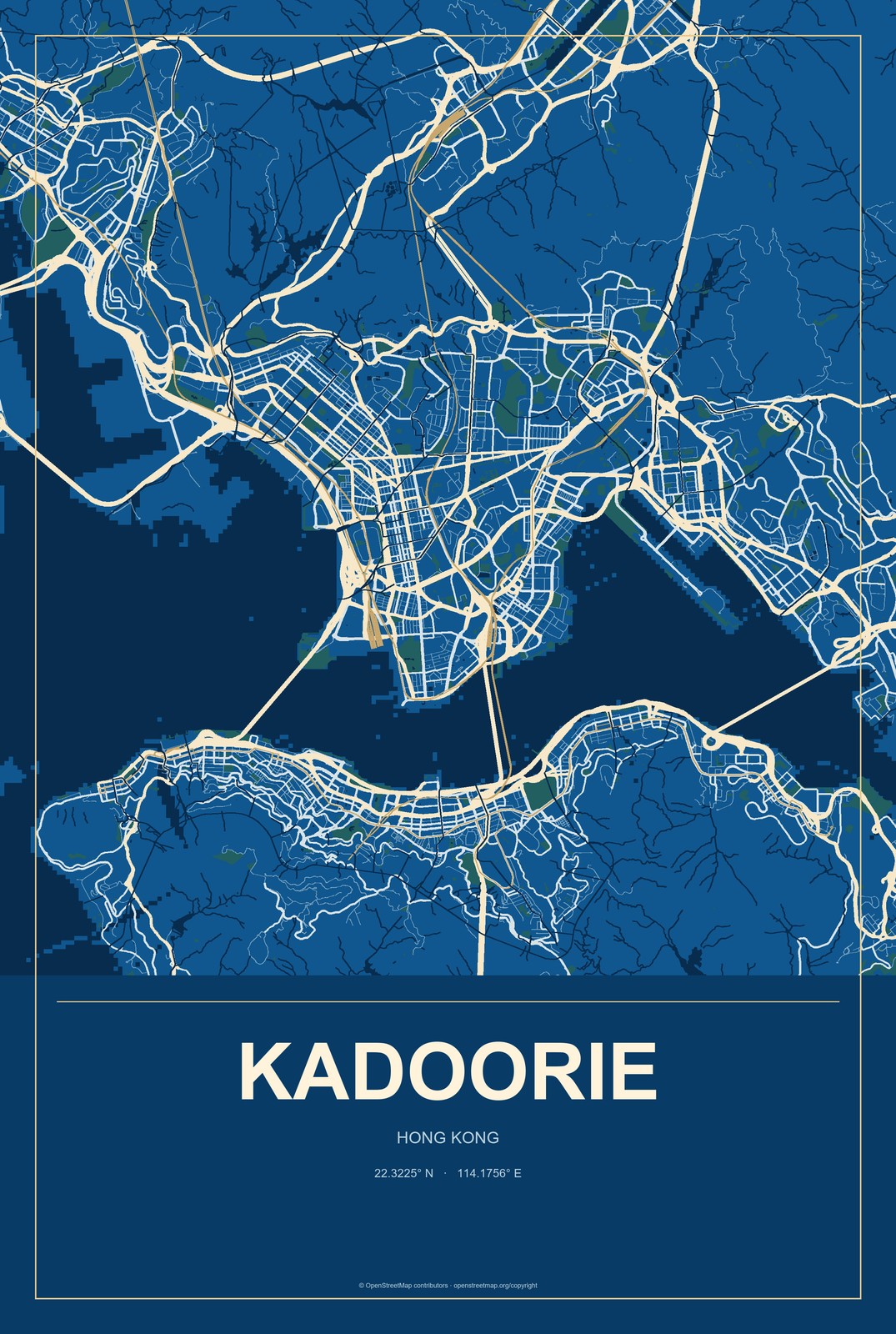 Kadoorie, Hong Kong City Map Aluminum Sign in Harbor Cobalt style