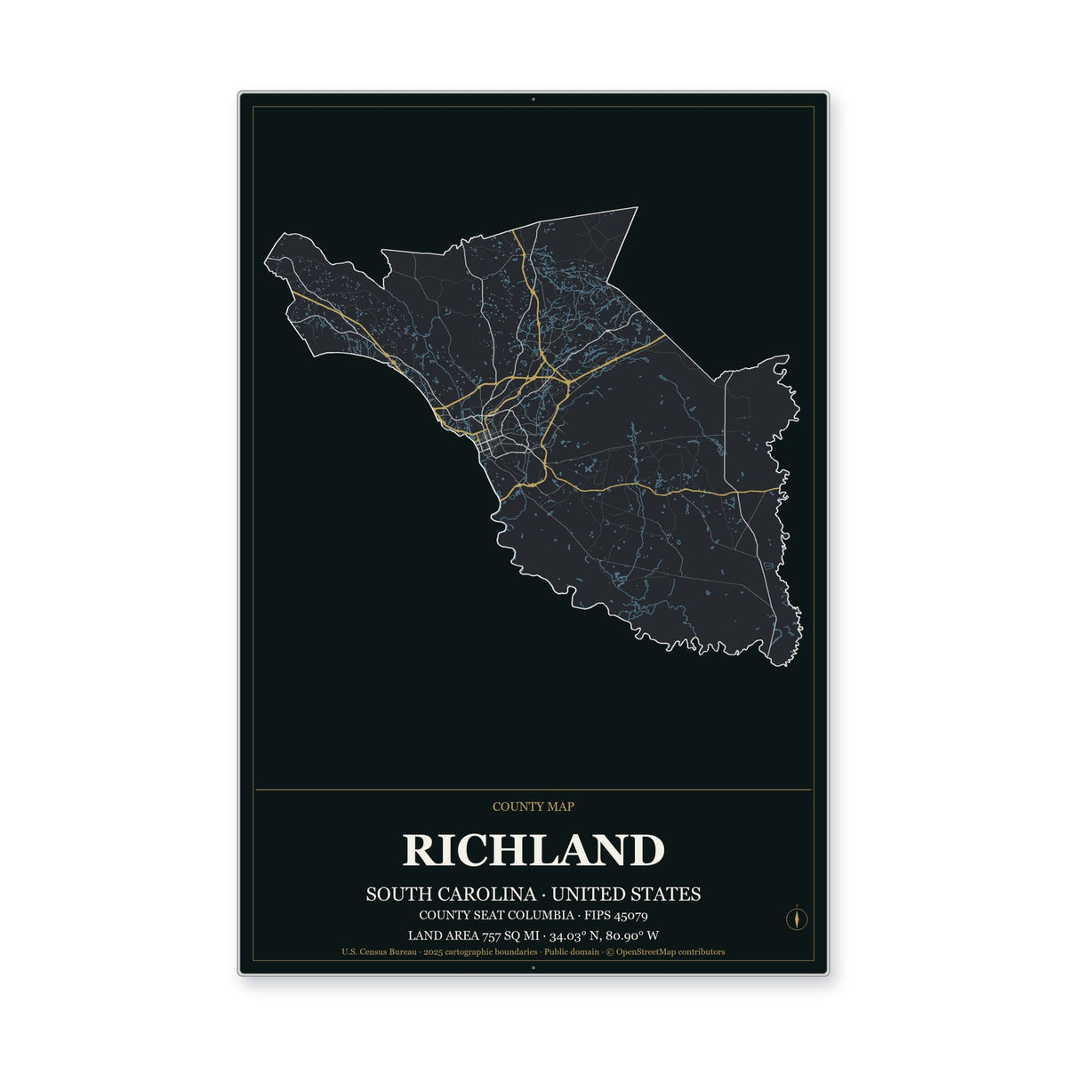 Richland County, South Carolina Map Aluminum Sign in Metropolitan Noir style