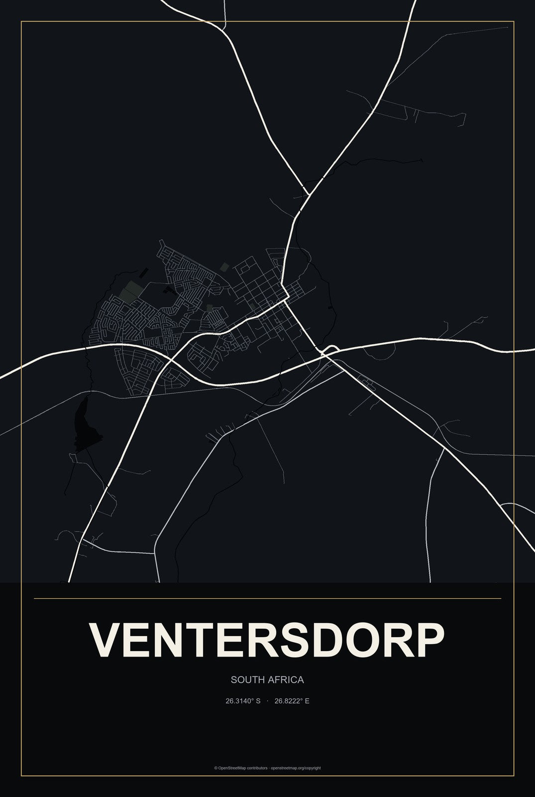 Ventersdorp, South Africa City Map Aluminum Sign in Metropolitan Noir style
