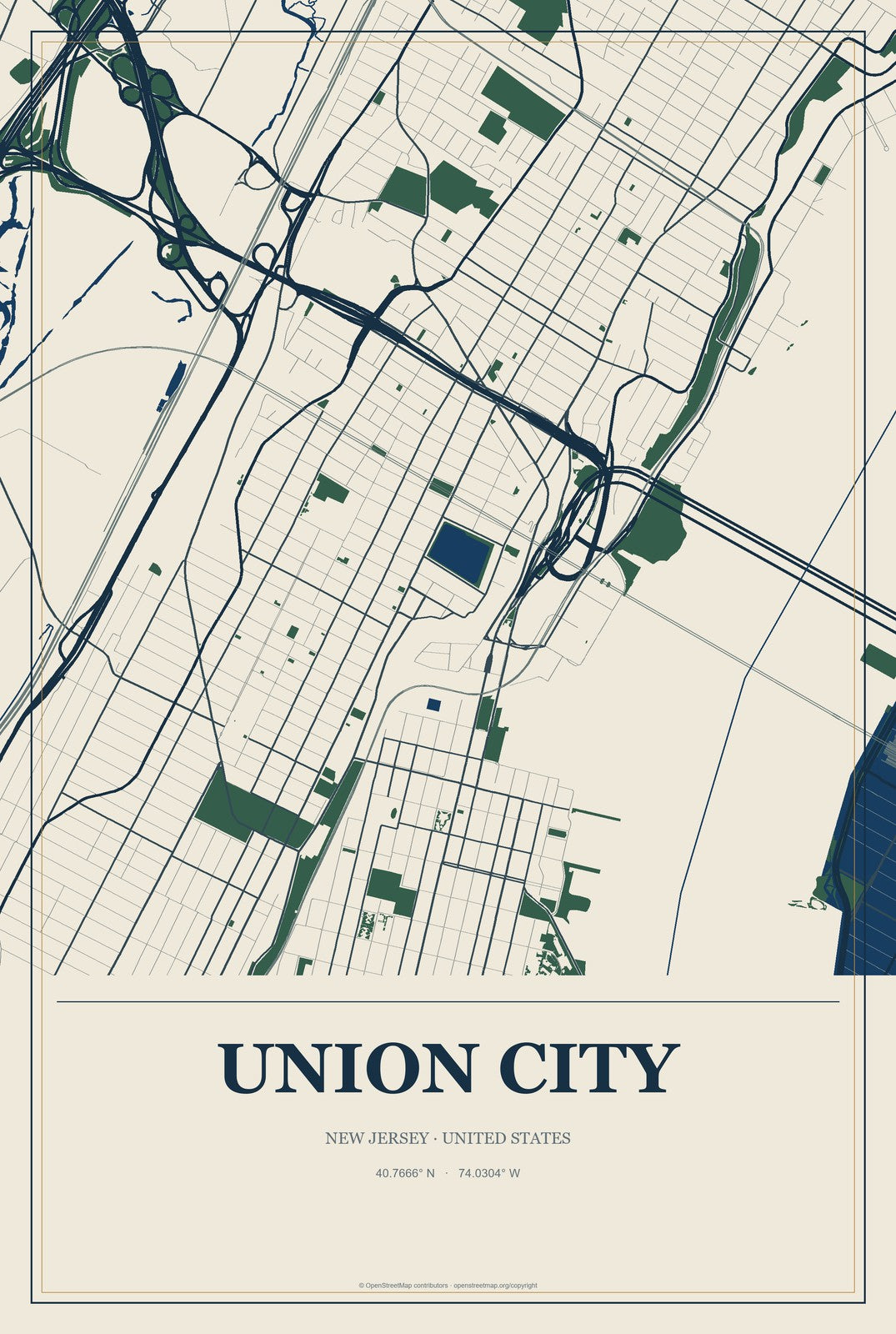 Union City, New Jersey City Map Aluminum Sign in Coastal Cutout style