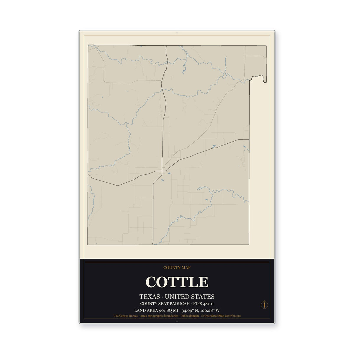 Cottle County, Texas Map Aluminum Sign in Museum Plaque style