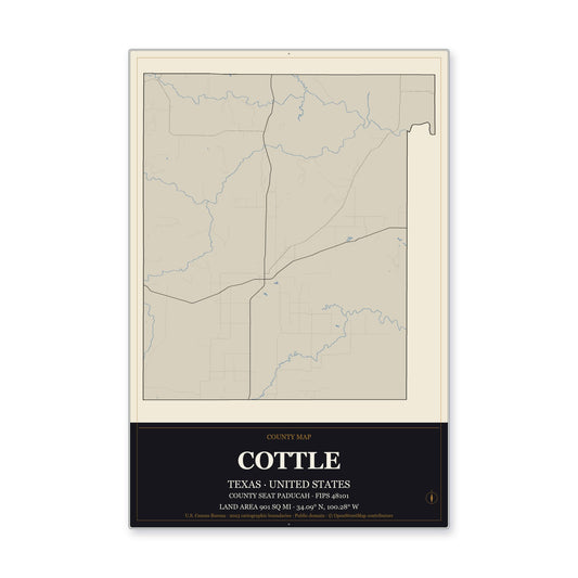 Cottle County, Texas Map Aluminum Sign in Museum Plaque style