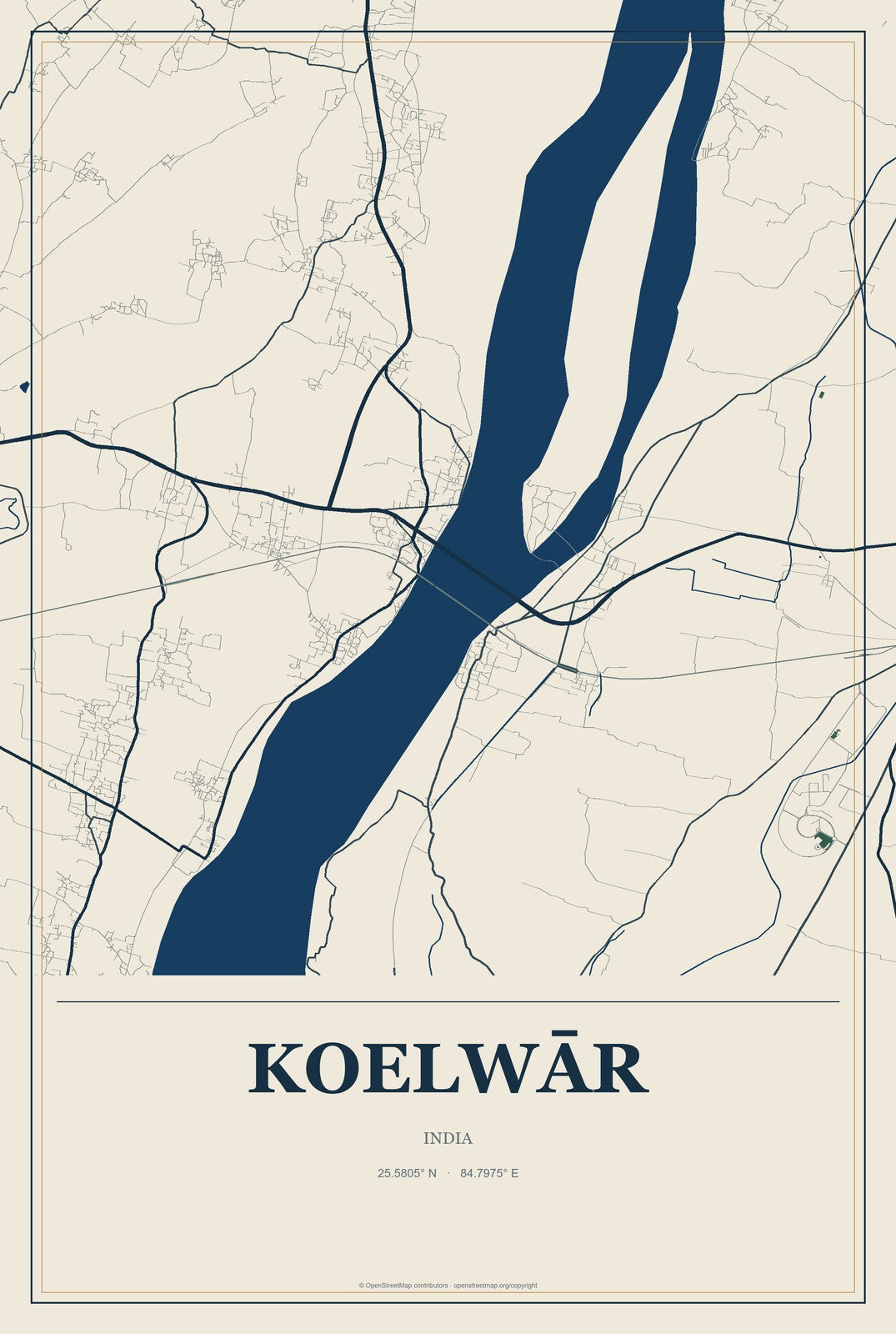 Koelwār, India City Map Aluminum Sign in Coastal Cutout style
