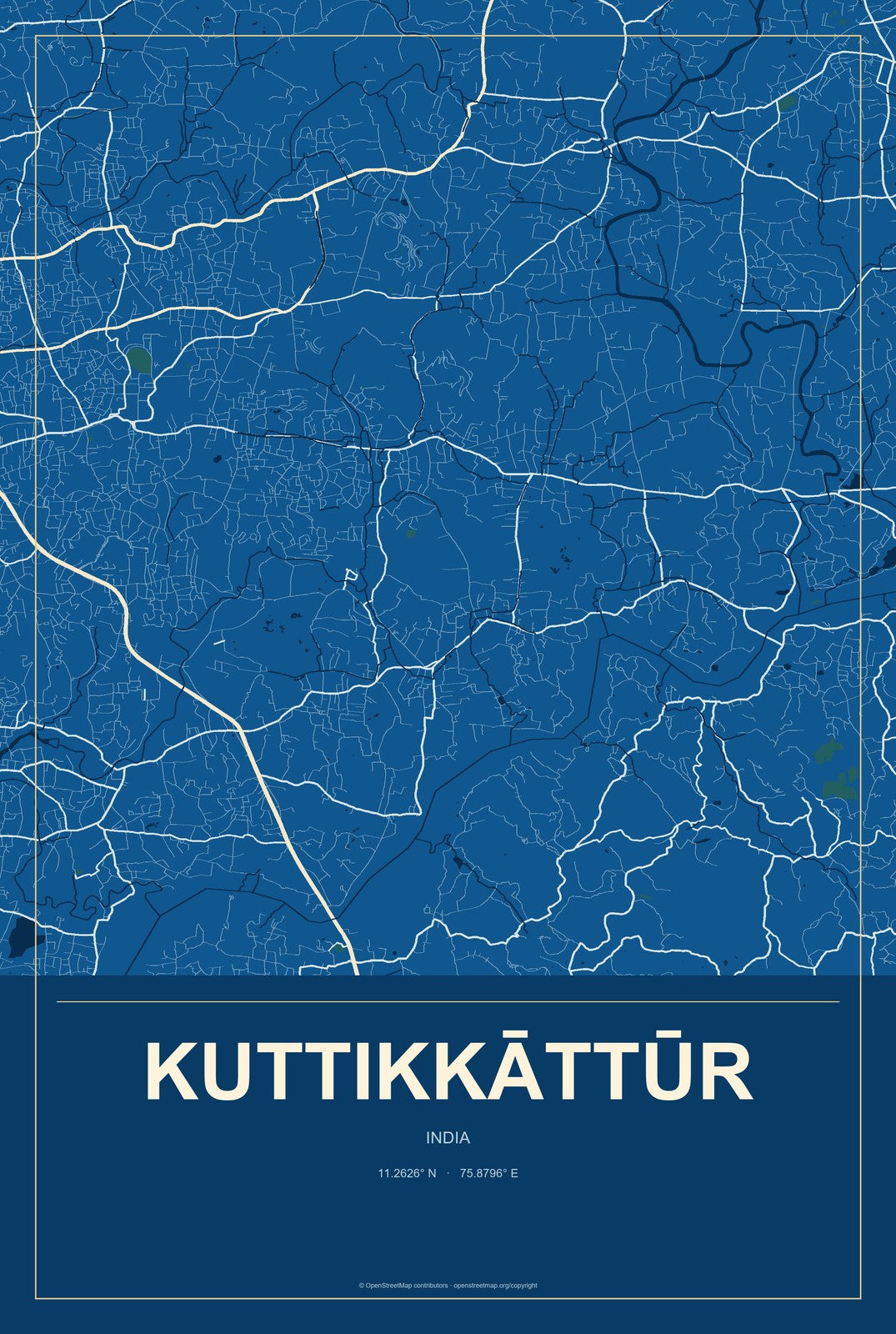 Kuttikkāttūr, India City Map Aluminum Sign in Harbor Cobalt style