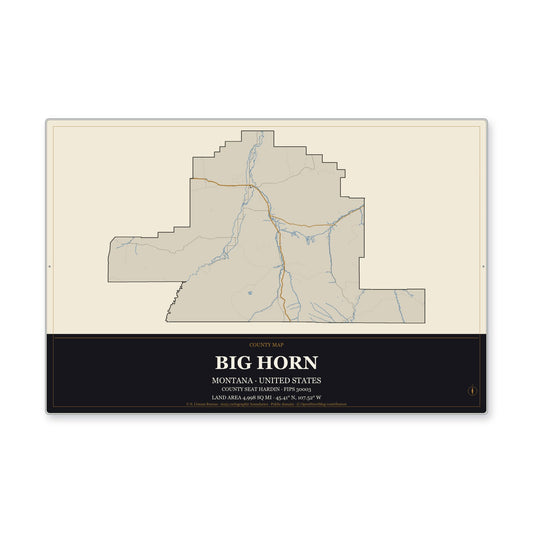 Big Horn County, Montana Map Aluminum Sign in Museum Plaque style
