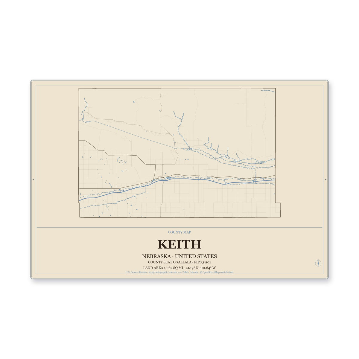 Keith County, Nebraska Map Aluminum Sign in Heritage Nautical style