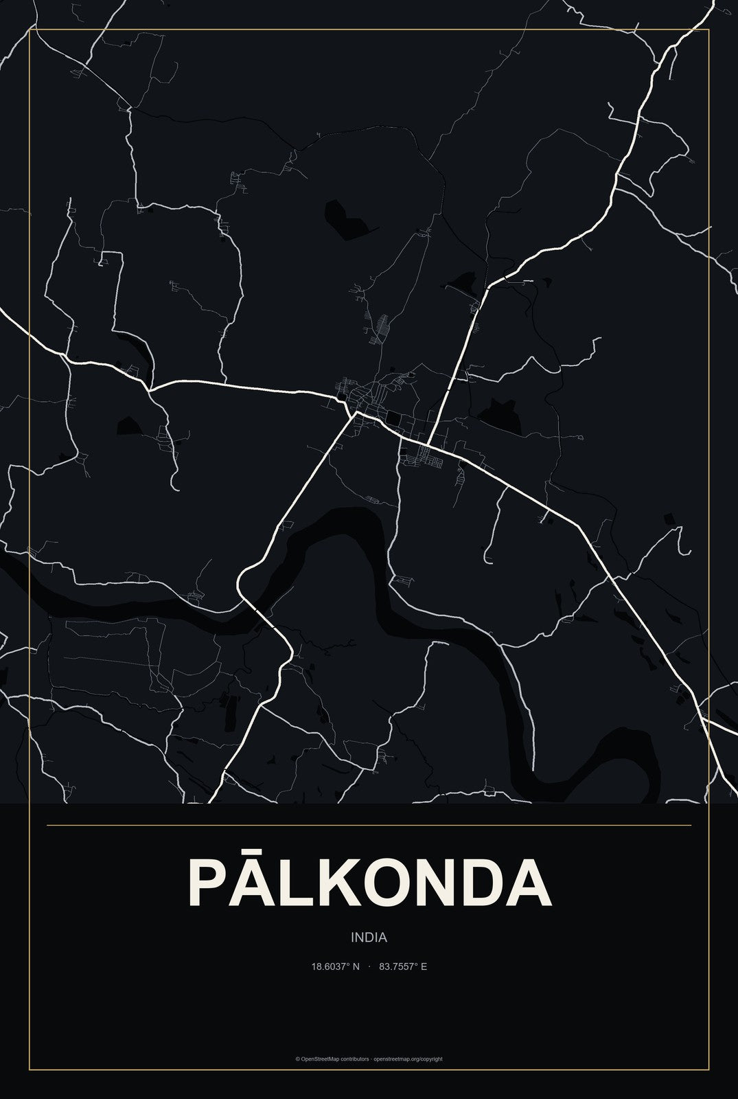 Pālkonda, India City Map Aluminum Sign in Metropolitan Noir style