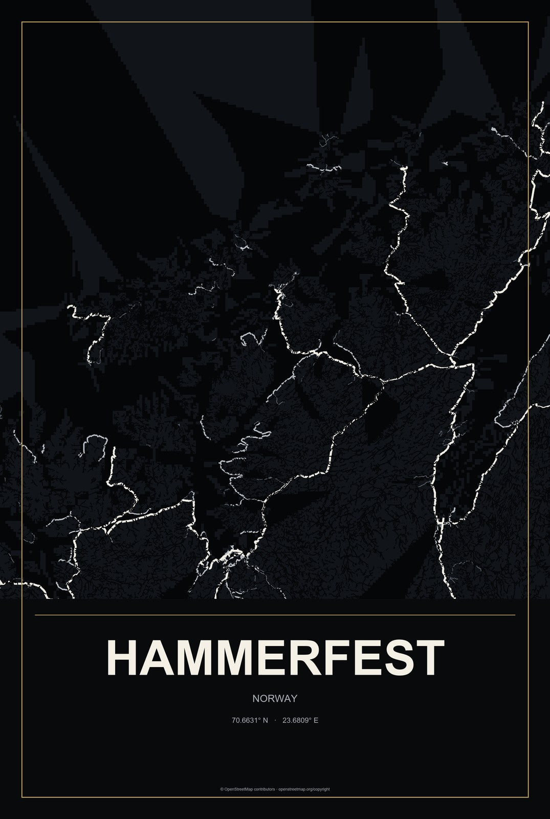 Hammerfest, Norway City Map Aluminum Sign in Metropolitan Noir style