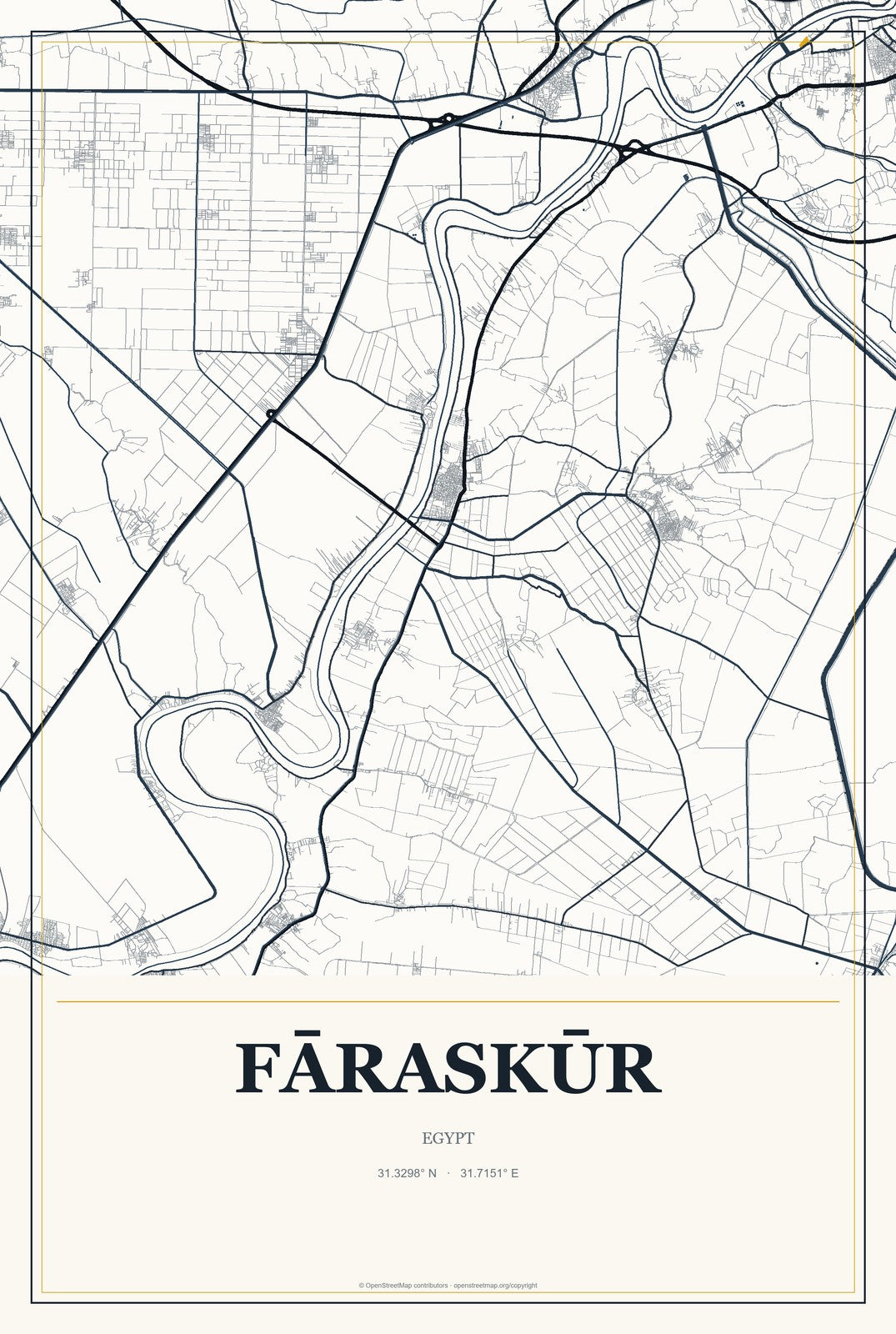 Fāraskūr, Egypt City Map Aluminum Sign in Citrine Modern style
