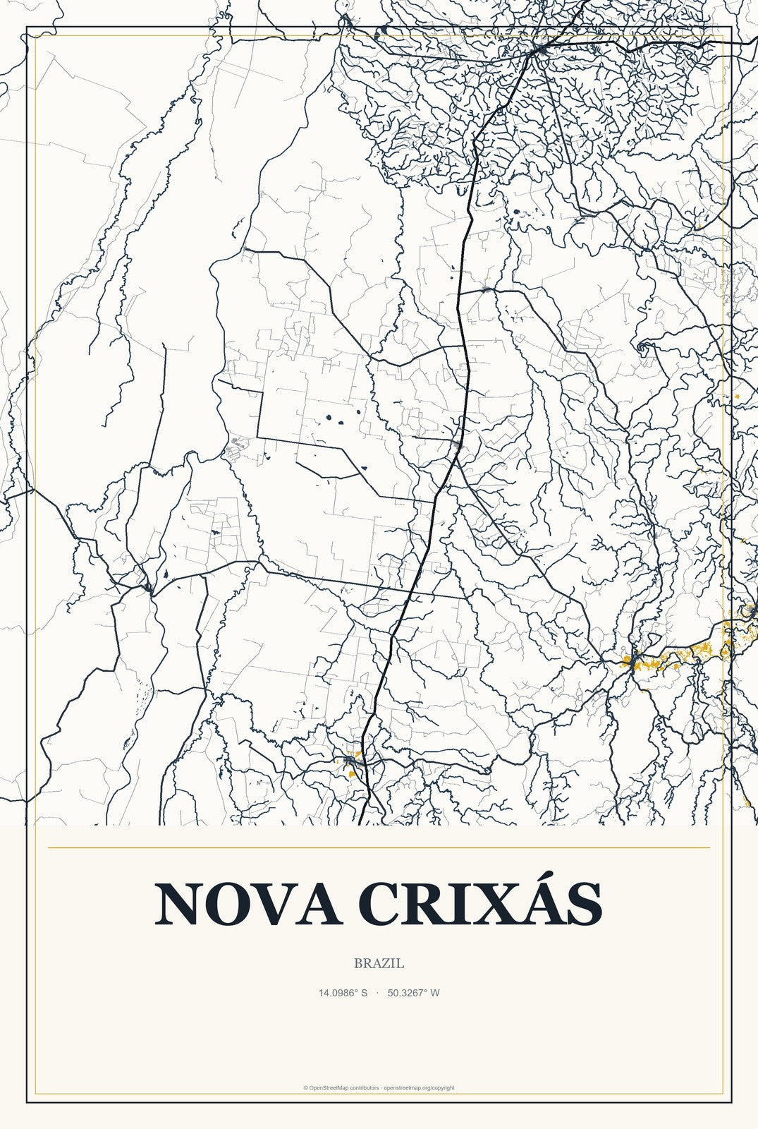 Nova Crixás, Brazil City Map Aluminum Sign in Citrine Modern style