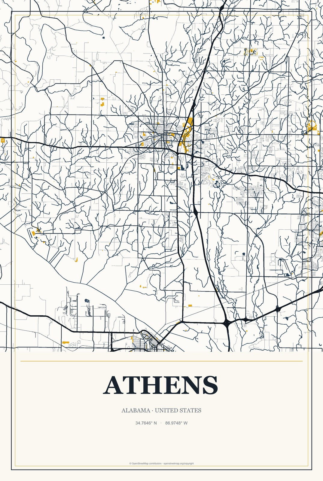 Athens, Alabama City Map Aluminum Sign in Citrine Modern style