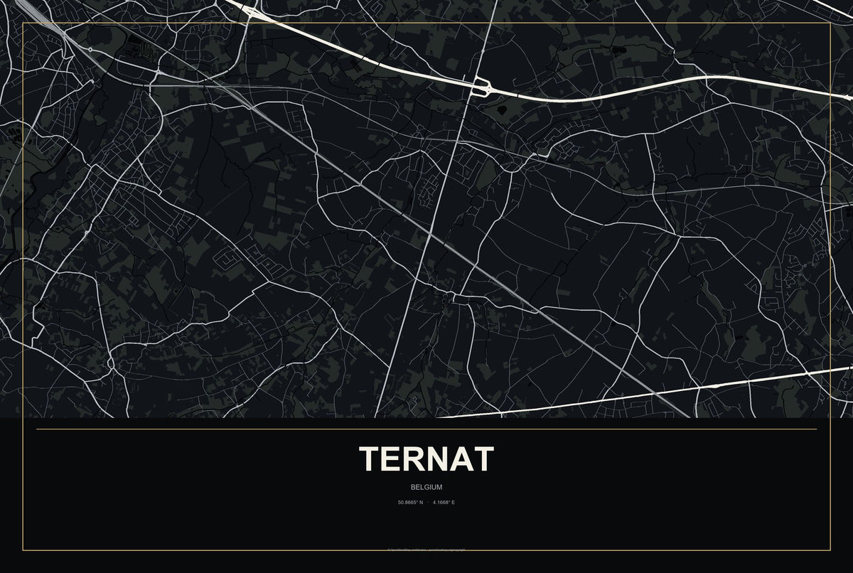 Ternat, Belgium City Map Aluminum Sign in Metropolitan Noir style