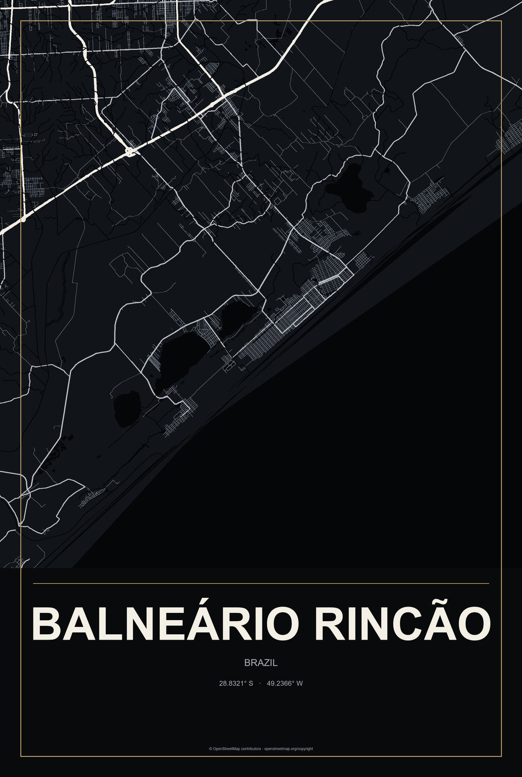 Balneário Rincão, Brazil City Map Aluminum Sign in Metropolitan Noir style