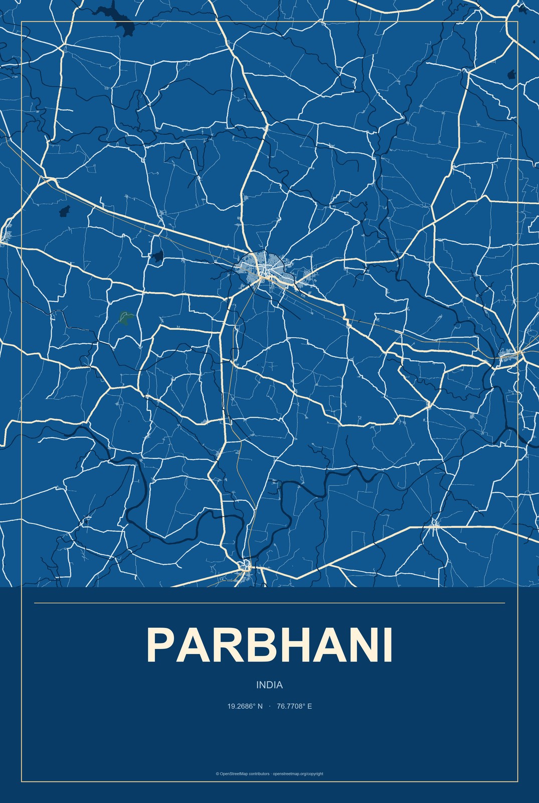 Parbhani, India City Map Aluminum Sign in Harbor Cobalt style