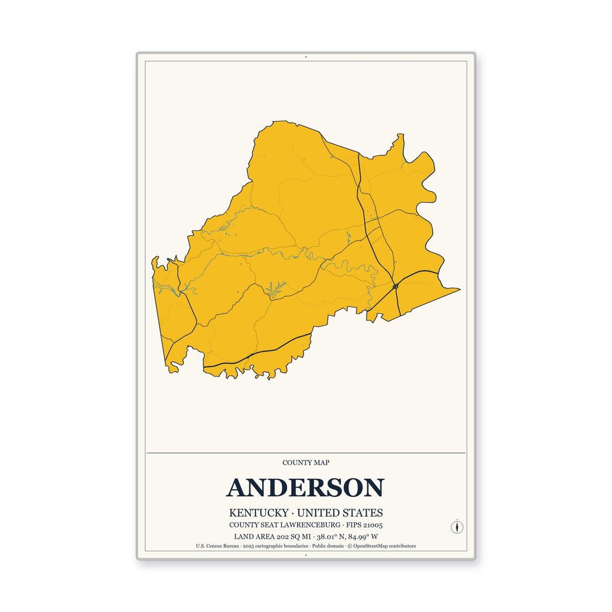 Anderson County, Kentucky Map Aluminum Sign in Citrine Modern style