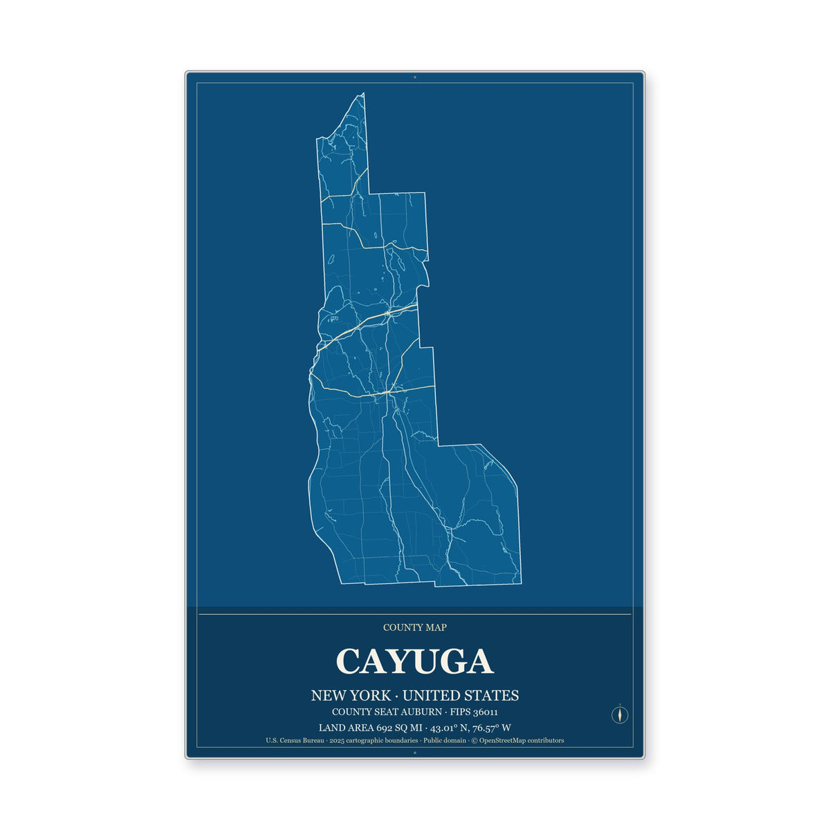 Cayuga County, New York Map Aluminum Sign in Harbor Cobalt style