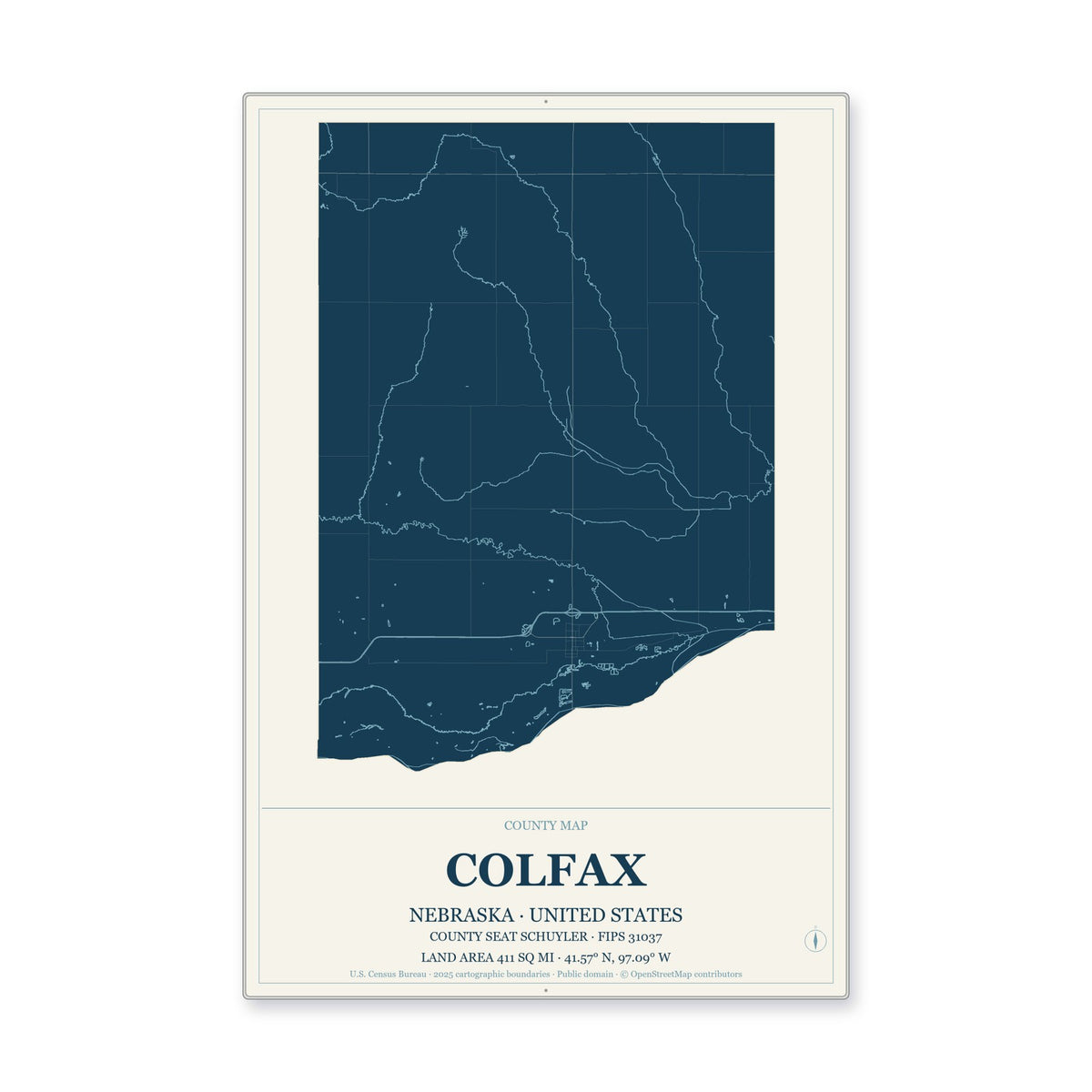 Colfax County, Nebraska Map Aluminum Sign in Coastal Cutout style