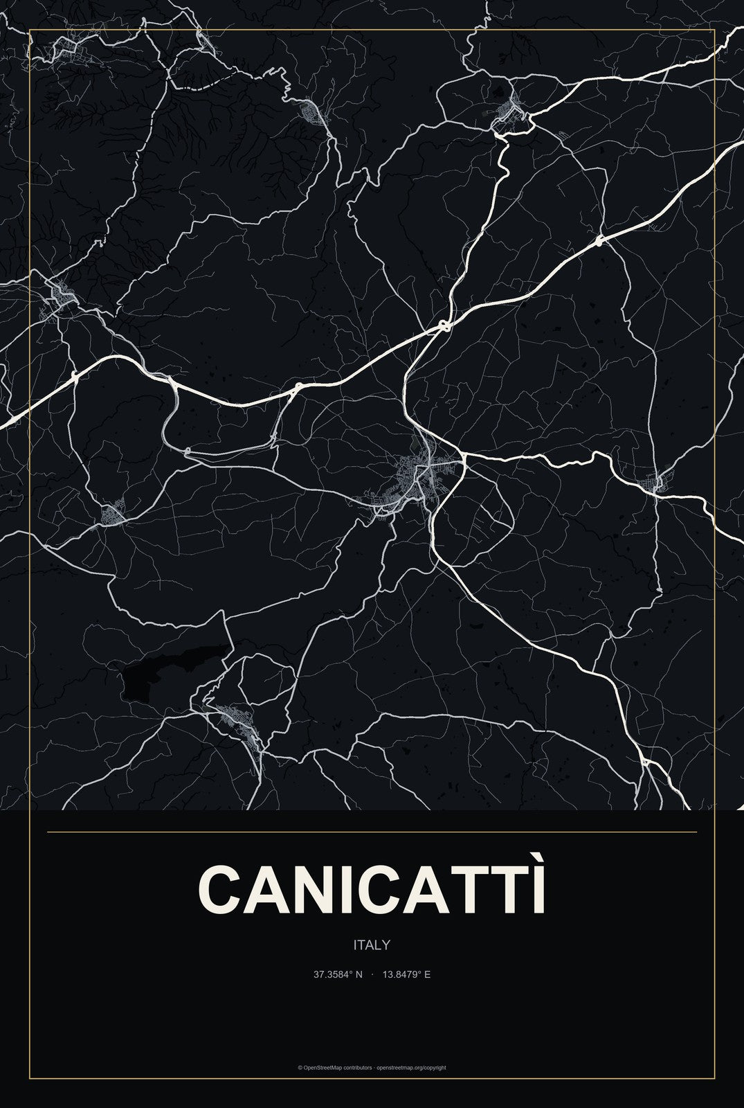Canicattì, Italy City Map Aluminum Sign in Metropolitan Noir style