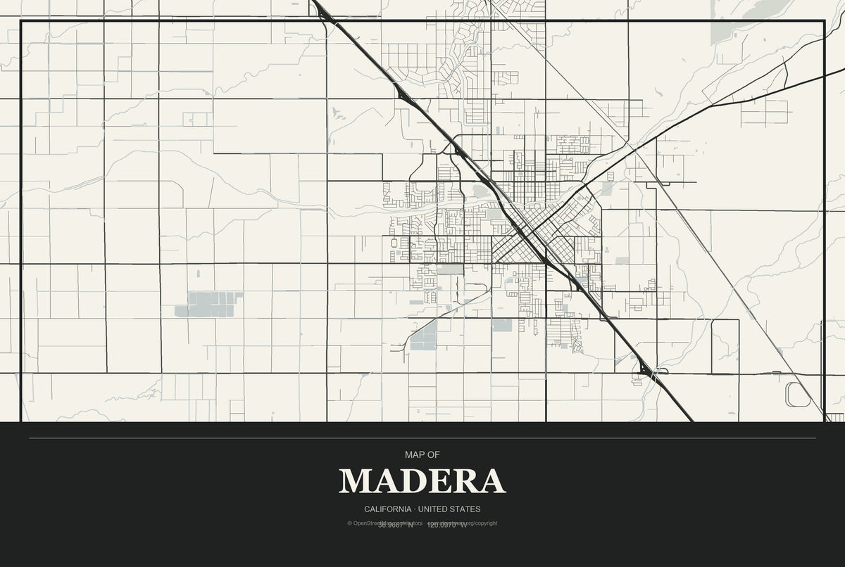 Madera, California City Map Aluminum Sign in Museum Plaque style