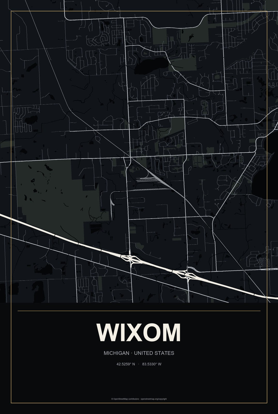 Wixom, Michigan City Map Aluminum Sign in Metropolitan Noir style