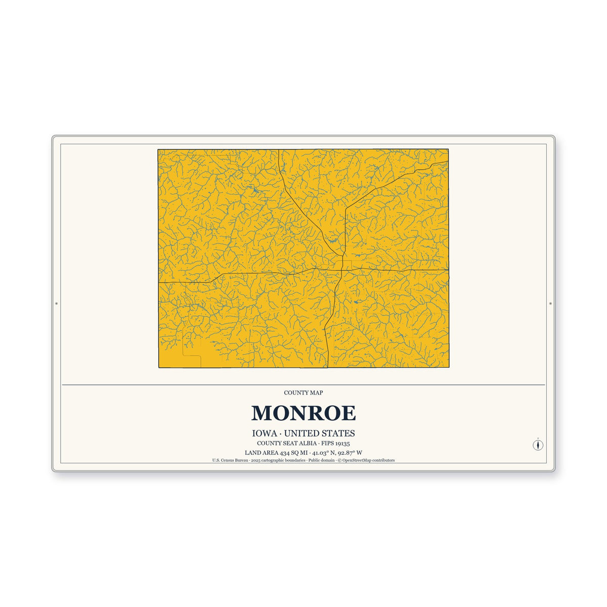 Monroe County, Iowa Map Aluminum Sign in Citrine Modern style