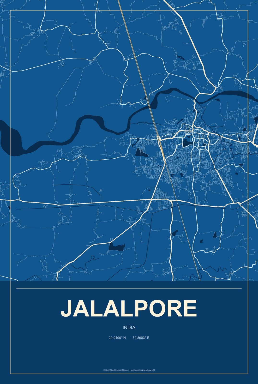 Jalalpore, India City Map Aluminum Sign in Harbor Cobalt style