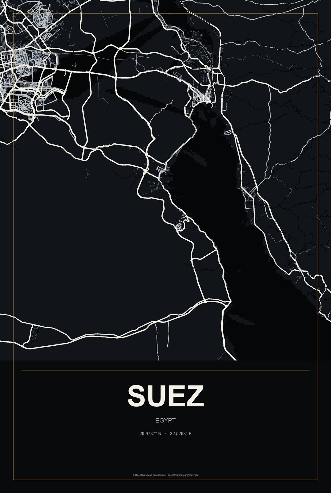Suez, Egypt City Map Aluminum Sign in Metropolitan Noir style