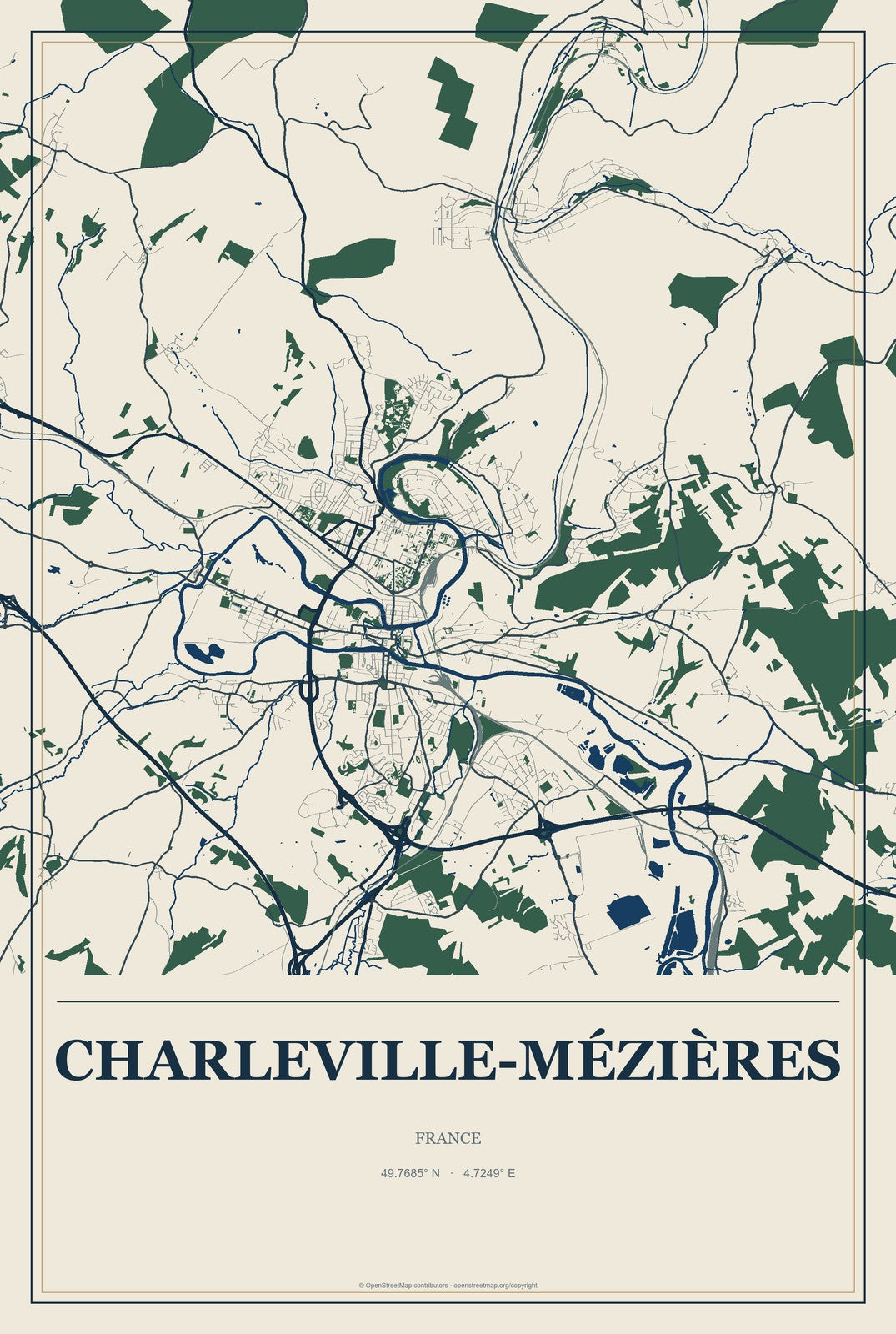 Charleville-Mézières, France City Map Aluminum Sign in Coastal Cutout style