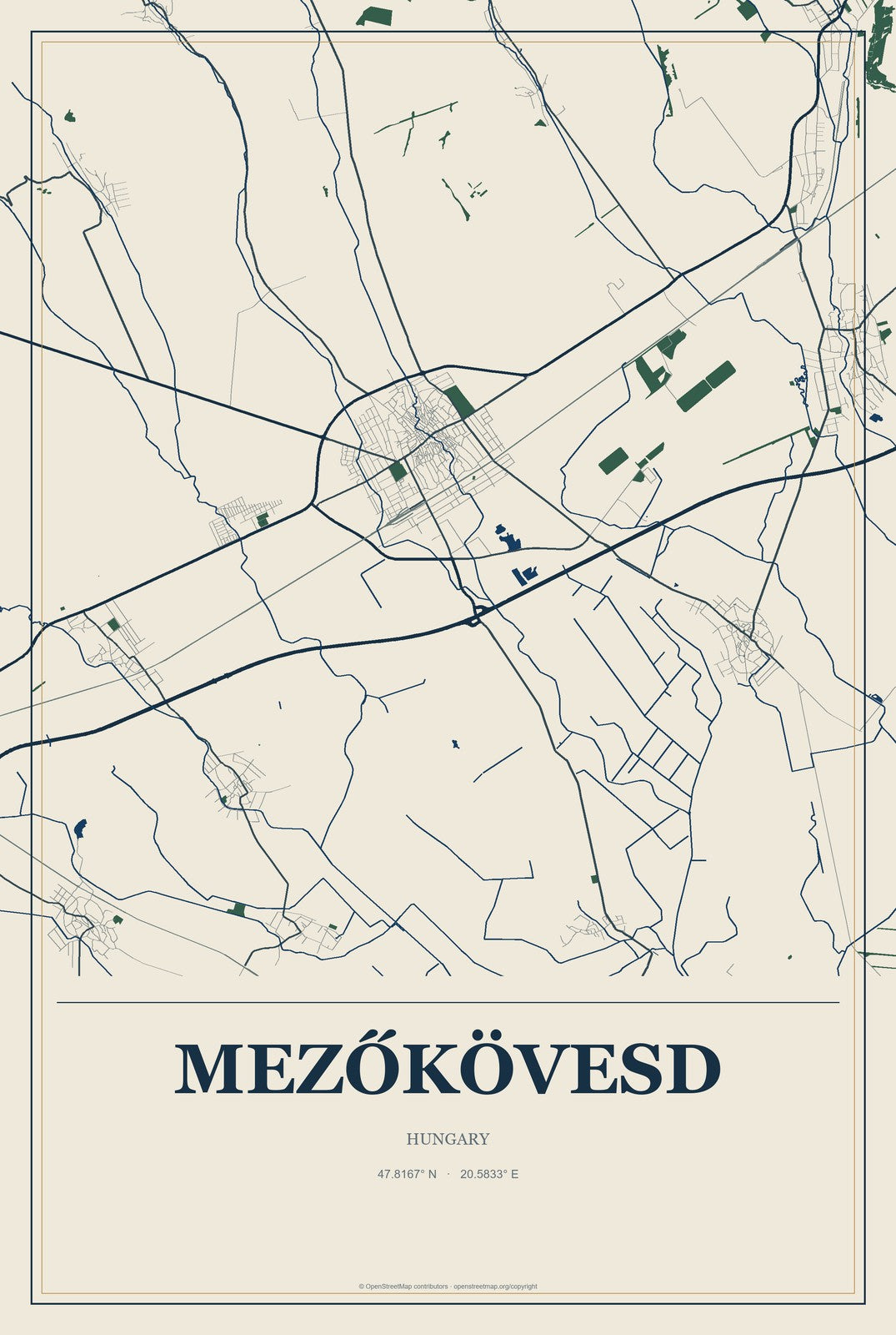 Mezőkövesd, Hungary City Map Aluminum Sign in Coastal Cutout style
