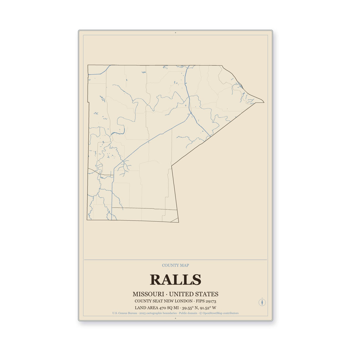 Ralls County, Missouri Map Aluminum Sign in Heritage Nautical style