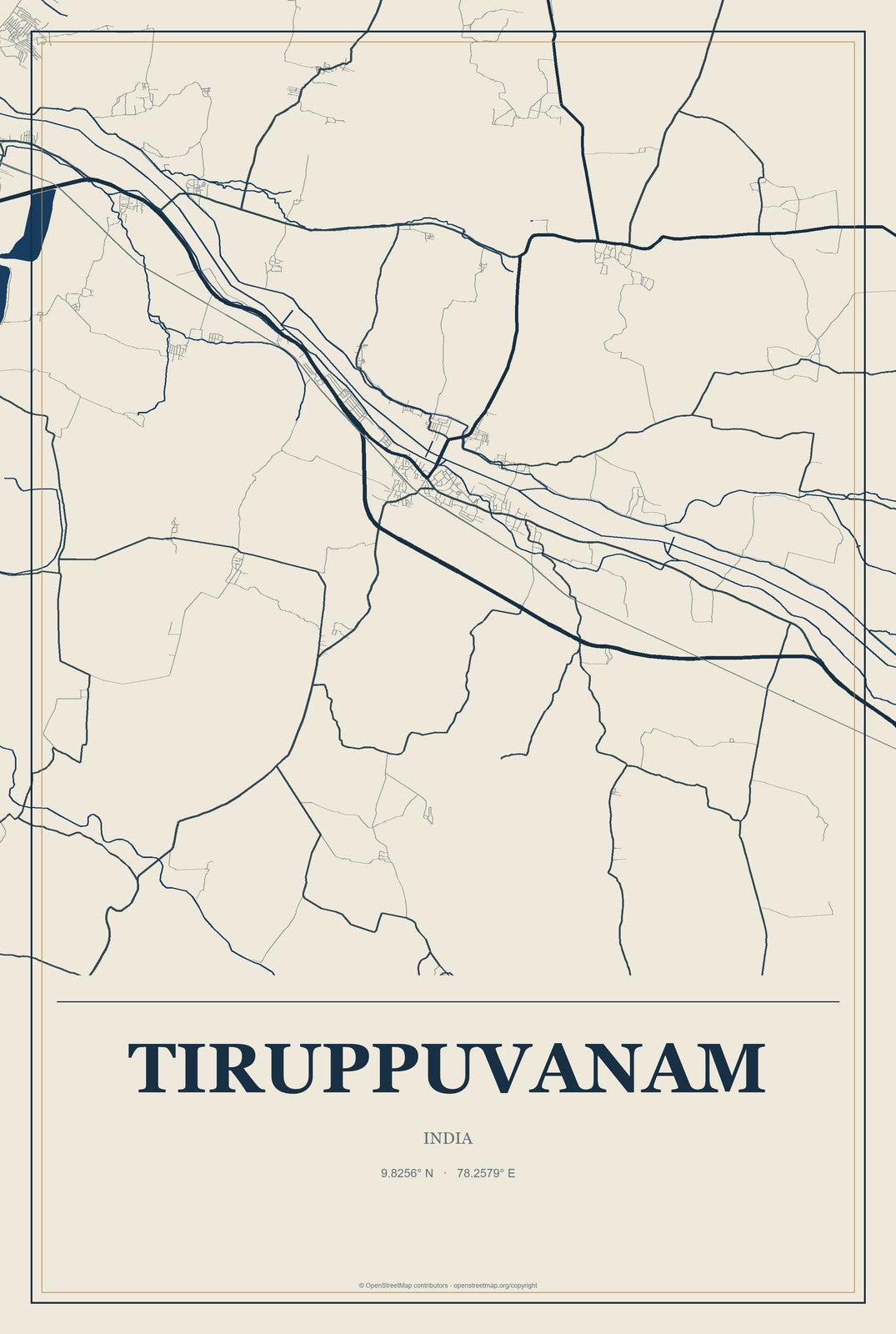 Tiruppuvanam, India City Map Aluminum Sign in Coastal Cutout style