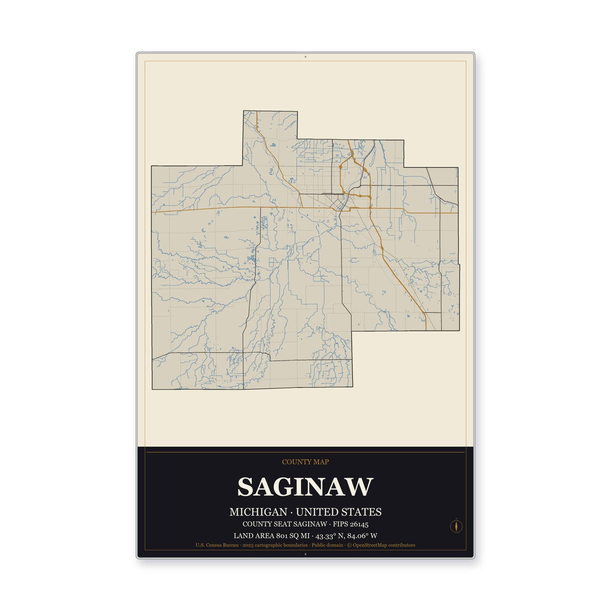 Saginaw County, Michigan Map Aluminum Sign in Museum Plaque style