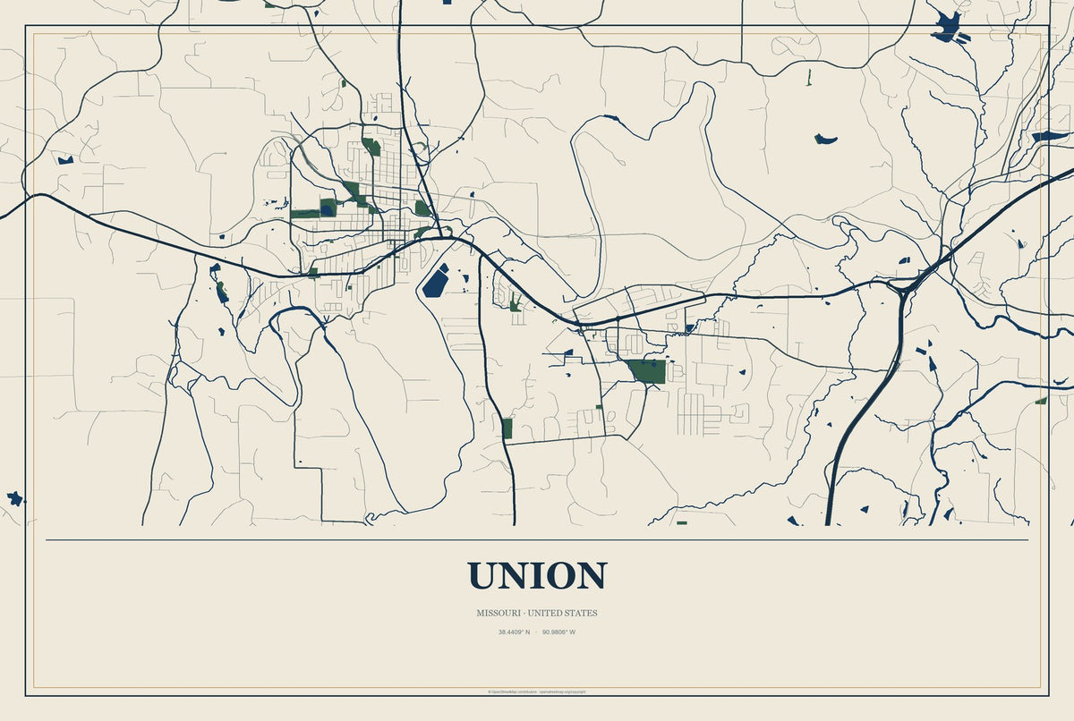 Union, Missouri City Map Aluminum Sign in Coastal Cutout style