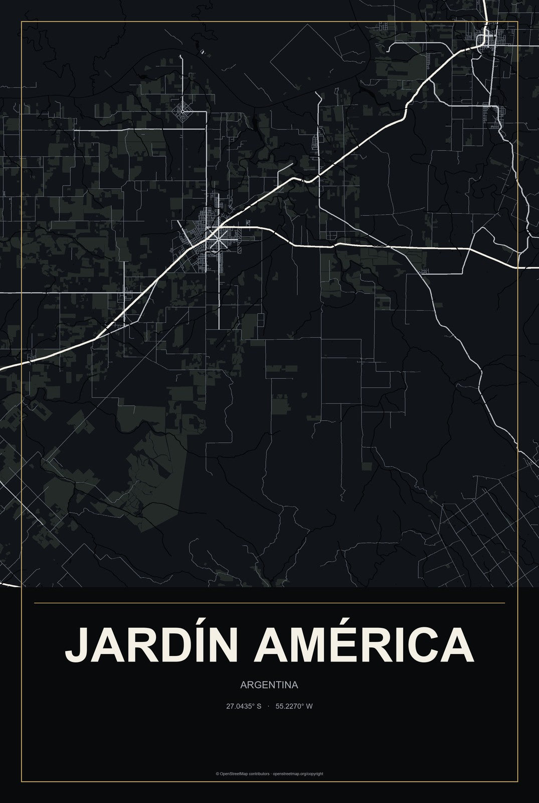 Jardín América, Argentina City Map Aluminum Sign in Metropolitan Noir style