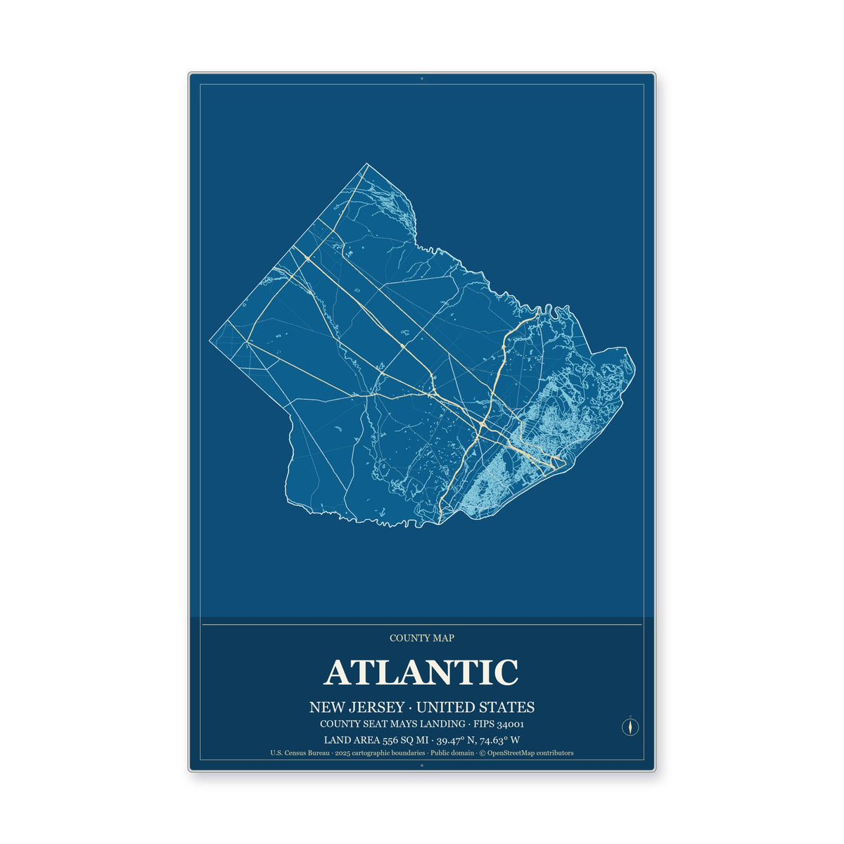 Atlantic County, New Jersey Map Aluminum Sign in Harbor Cobalt style