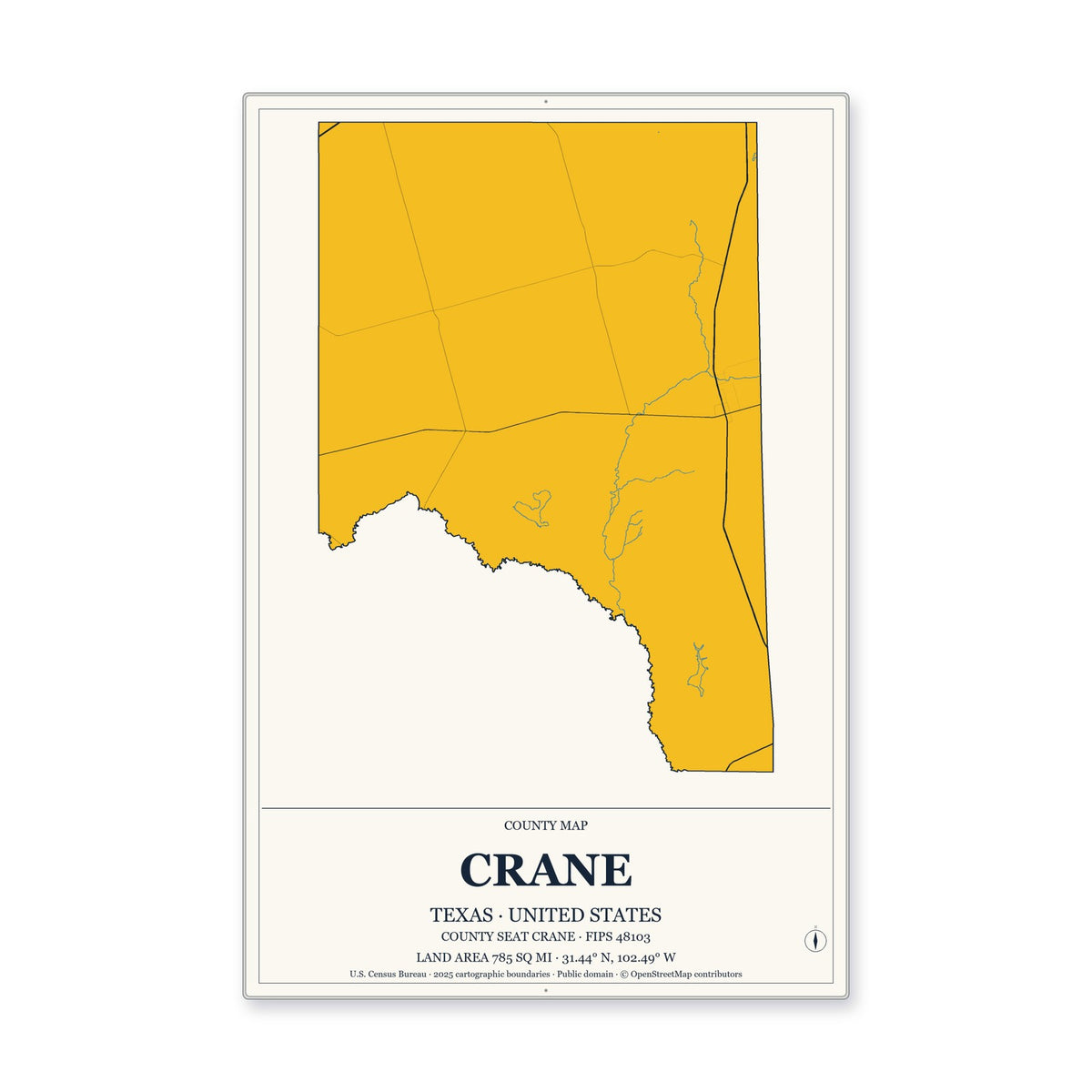 Crane County, Texas Map Aluminum Sign in Citrine Modern style