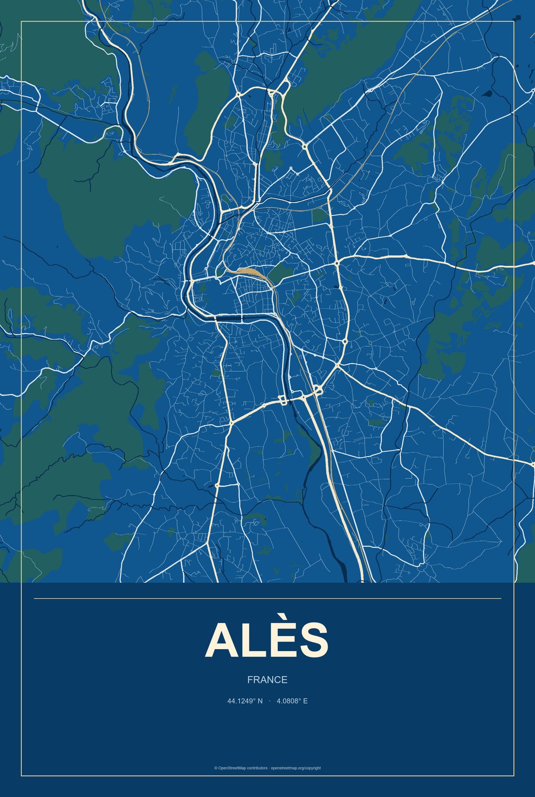 Alès, France City Map Aluminum Sign in Harbor Cobalt style