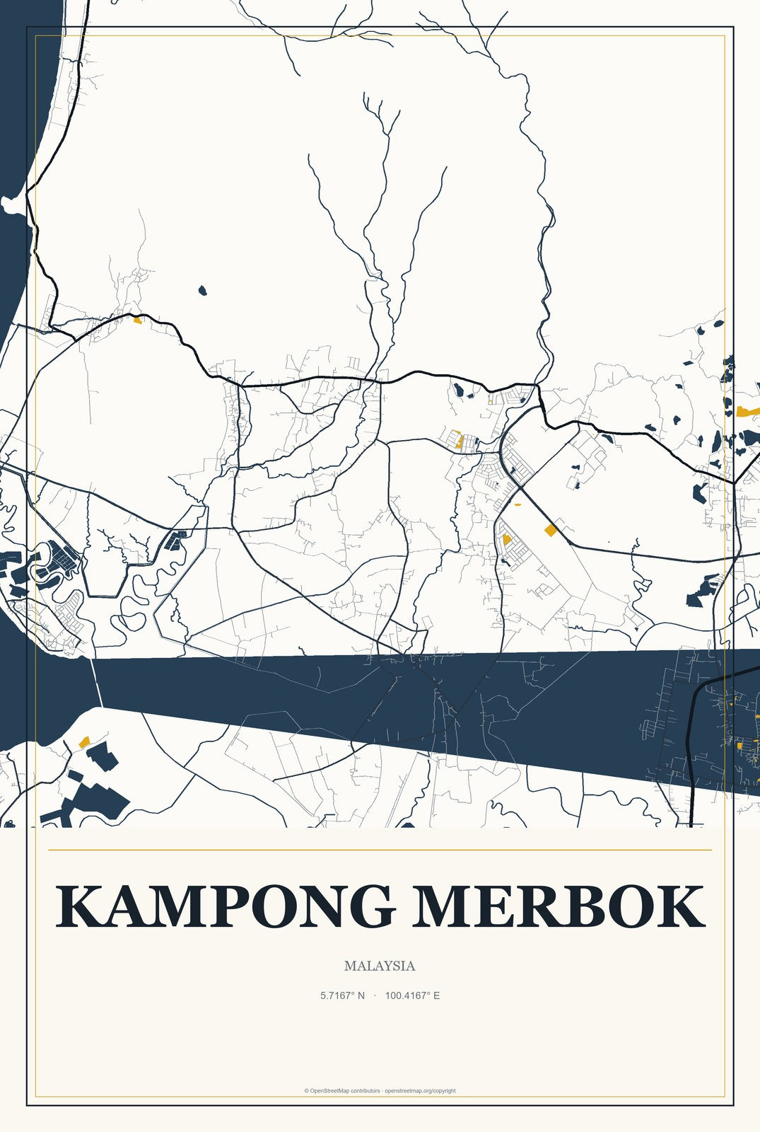 Kampong Merbok, Malaysia City Map Aluminum Sign in Citrine Modern style
