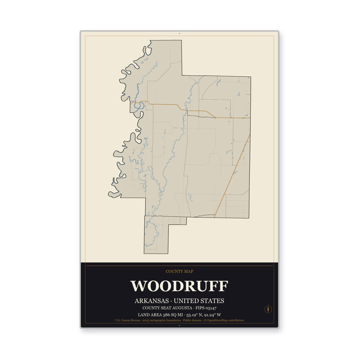 Woodruff County, Arkansas Map Aluminum Sign in Museum Plaque style