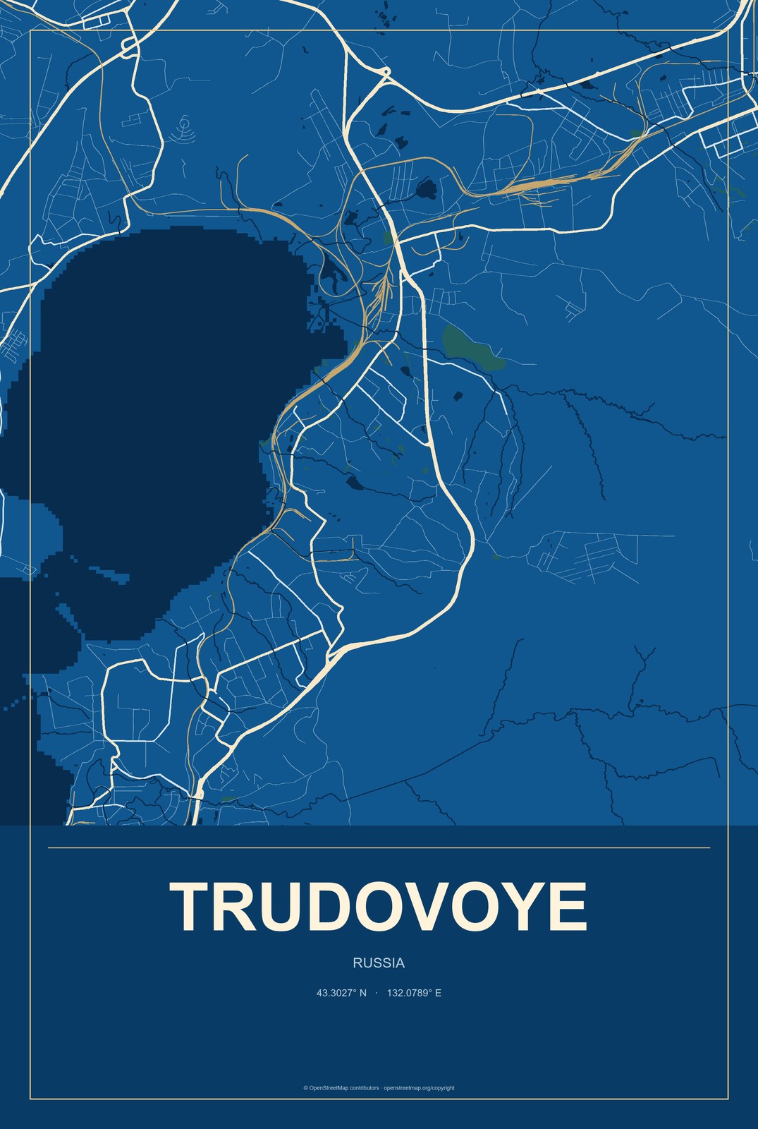 Trudovoye, Russia City Map Aluminum Sign in Harbor Cobalt style