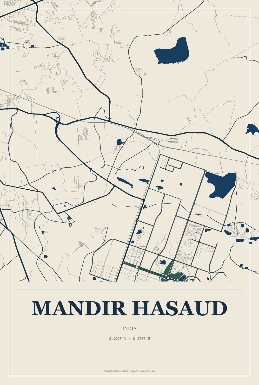 Mandir Hasaud, India City Map Aluminum Sign in Coastal Cutout style