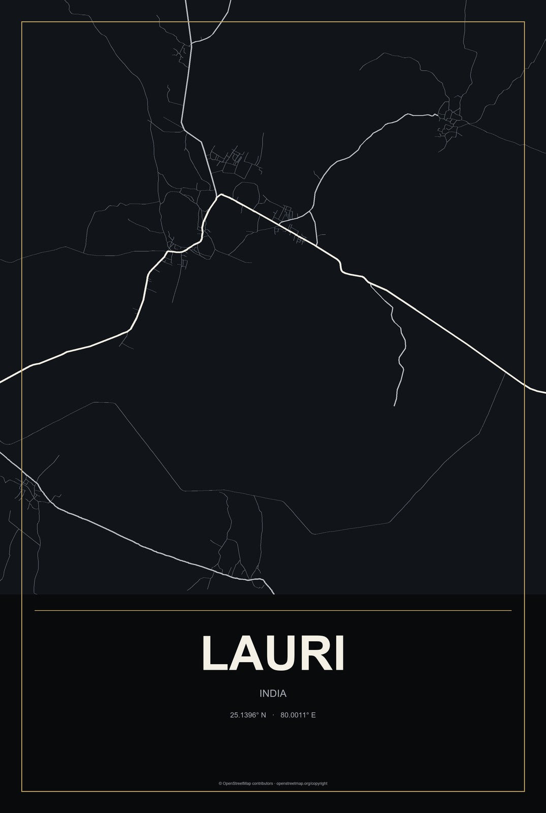 Lauri, India City Map Aluminum Sign in Metropolitan Noir style