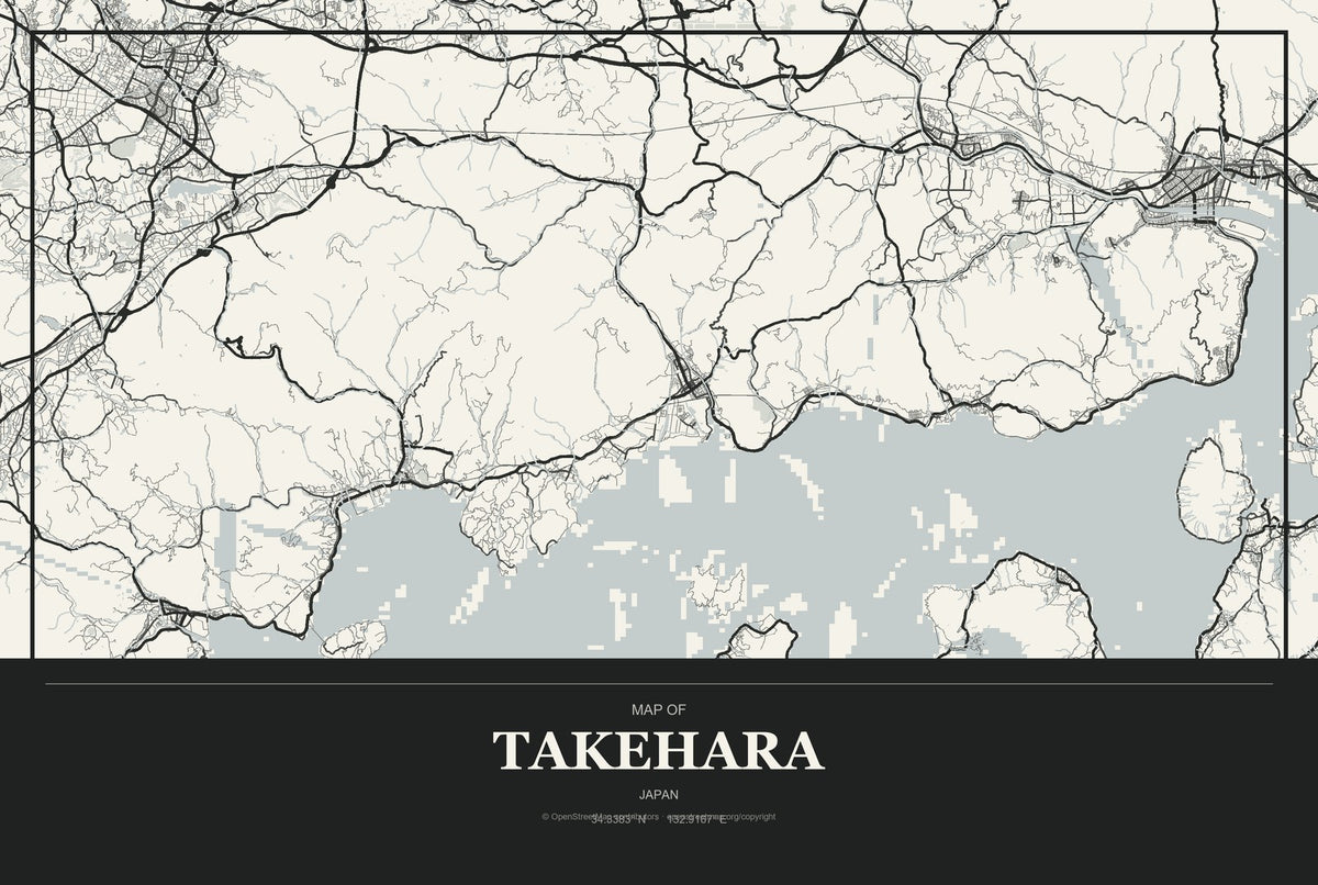 Takehara, Japan City Map Aluminum Sign in Museum Plaque style