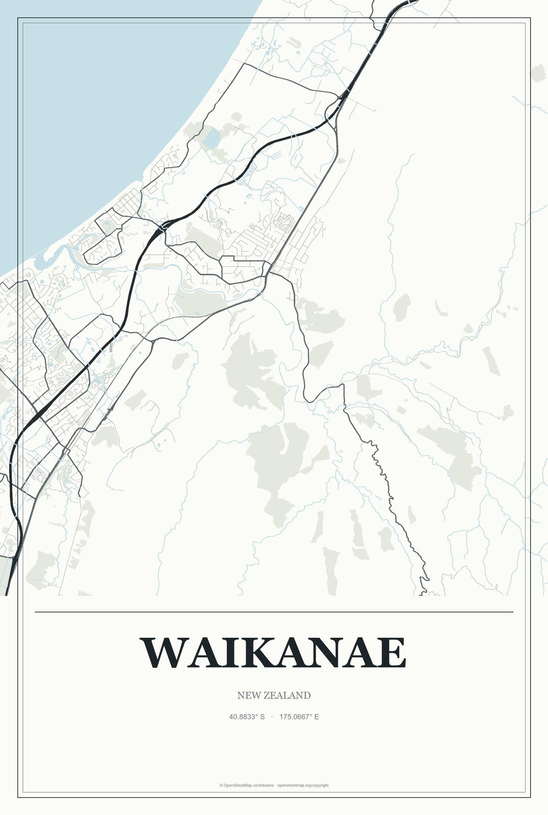 Waikanae, New Zealand City Map Aluminum Sign in Gallery Air style