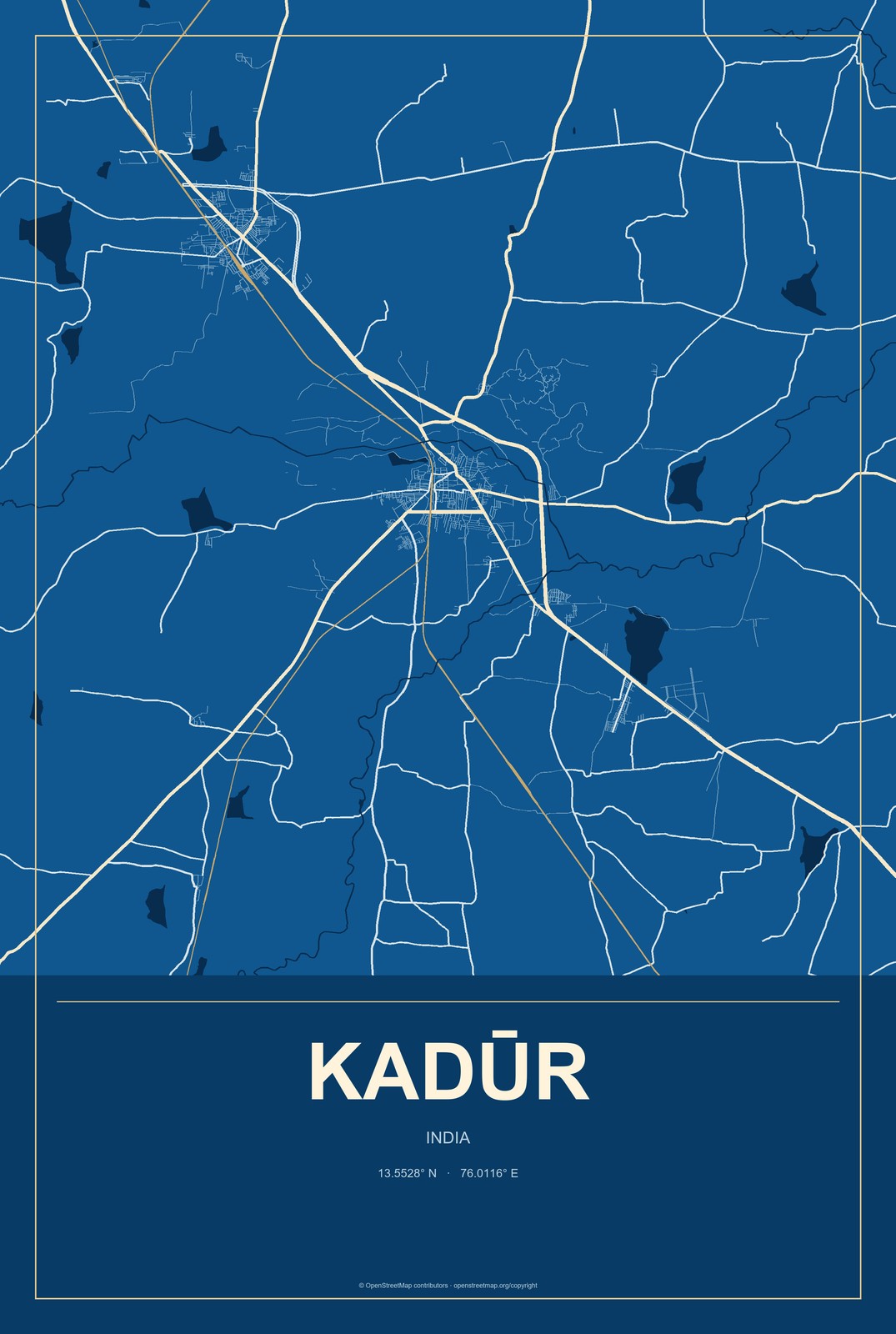 Kadūr, India City Map Aluminum Sign in Harbor Cobalt style