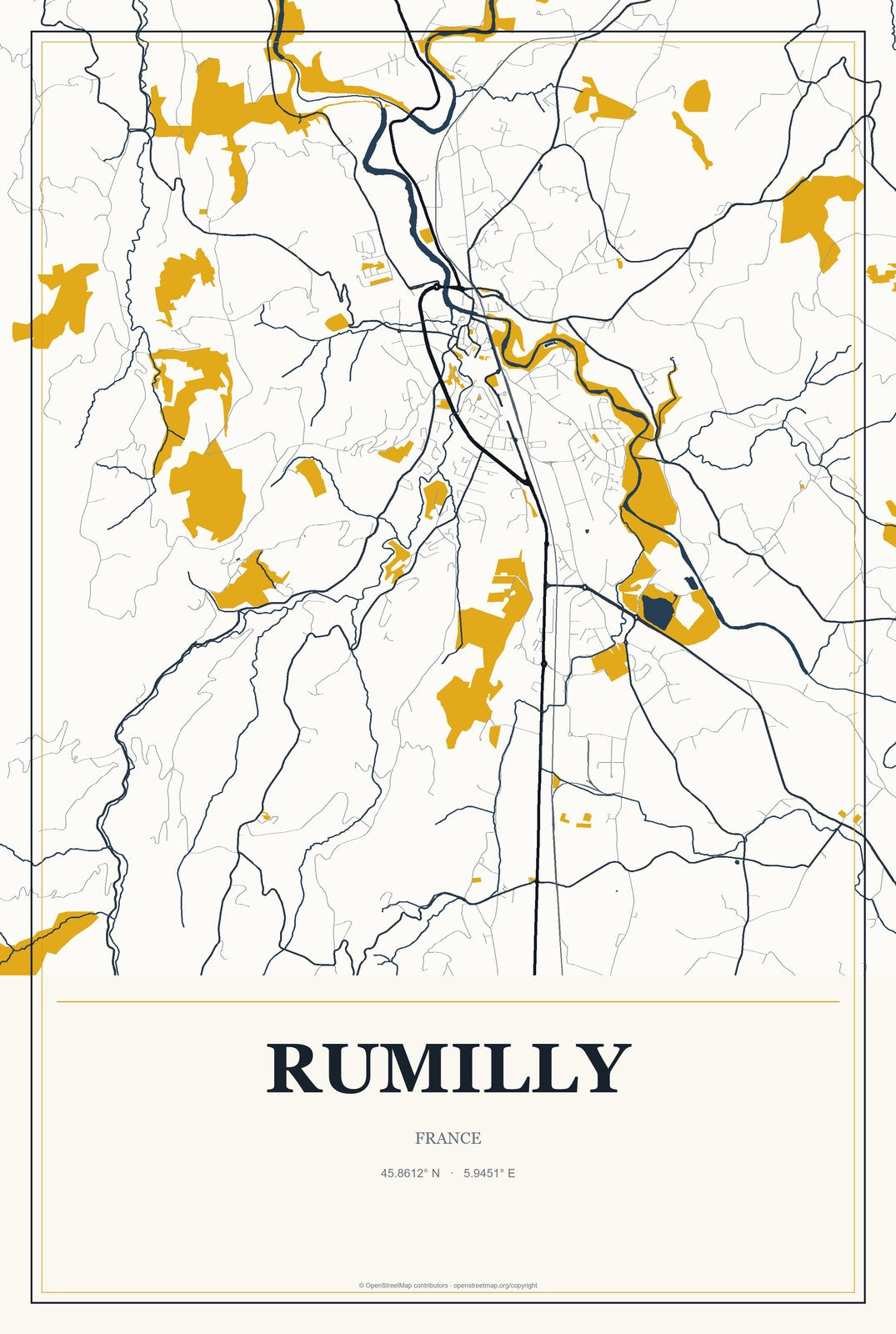 Rumilly, France City Map Aluminum Sign in Citrine Modern style