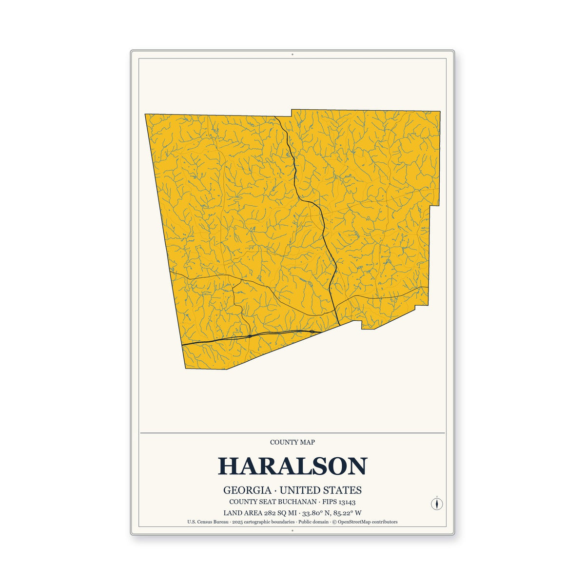 Haralson County, Georgia Map Aluminum Sign in Citrine Modern style