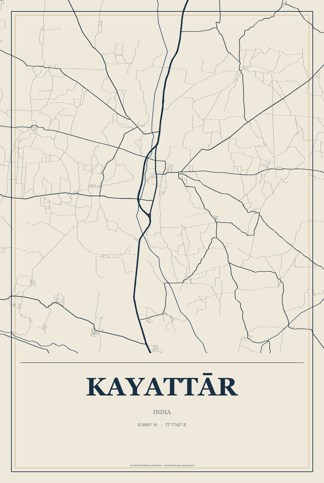 Kayattār, India City Map Aluminum Sign in Coastal Cutout style