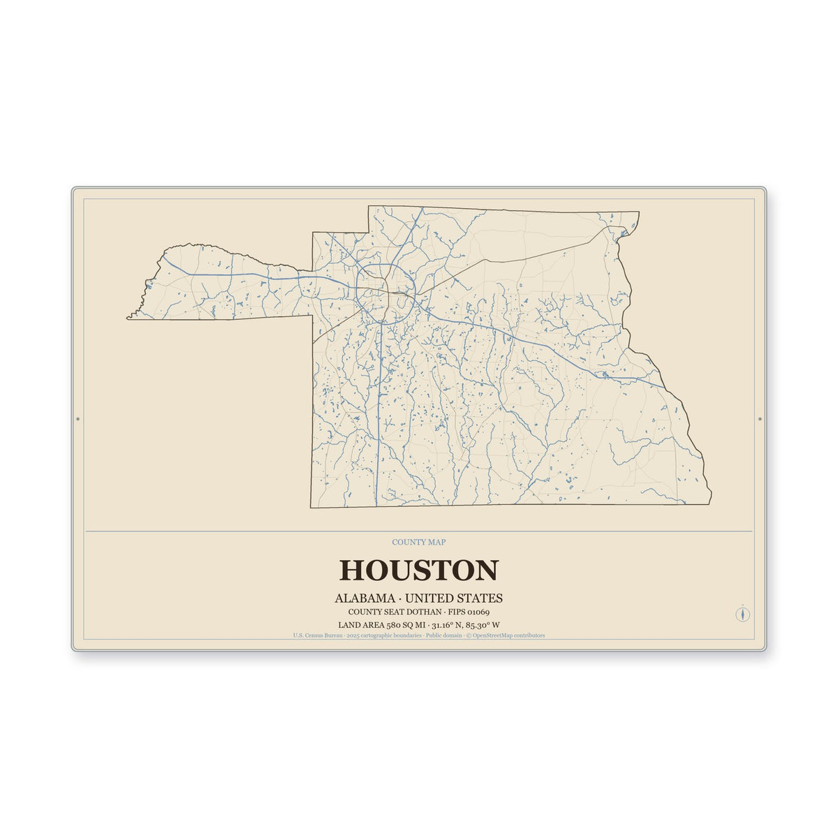 Houston County, Alabama Map Aluminum Sign in Heritage Nautical style
